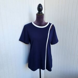 DKNY Knit Short Sleeve Stretch Minimalist Nautical Navy Blue White Stripe Sz M